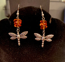 Load image into Gallery viewer, Dragonfly In Amber II goldtone or silvertone dragonfly earrings with genuine Baltic Amber Outlander fan gift jewelry

