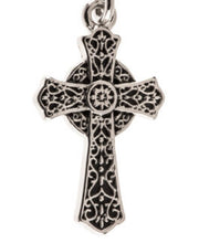 Load image into Gallery viewer, Celtic cross silvertone floral earrings with black bead Christian faith jewelry
