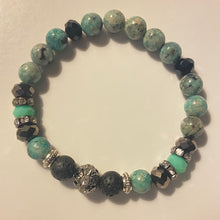 Load image into Gallery viewer, Bracelet - sesame jasper w gunmetal and mint green crystal rondelles, and rhinestone pavé center bead
