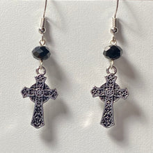 Load image into Gallery viewer, Celtic cross silvertone floral earrings with black bead Christian faith jewelry
