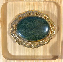 Load image into Gallery viewer, Huge goldtone brooch with serpentine gemstone cabochon
