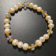 Load image into Gallery viewer, Freshwater baroque pearl and crystal bracelet with gold filigree beads wedding bridal jewelry
