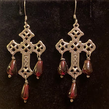 Load image into Gallery viewer, Garnet and gold or silver filigree cross earrings with sterling or 14k gold-filled earwires
