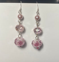 Load image into Gallery viewer, La Vie En Rose pink pearl, crystal, and glass rose bead earrings
