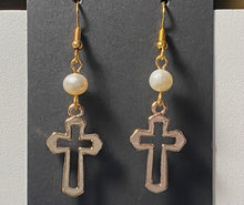 Load image into Gallery viewer, Freshwater pearl and goldtone open cross earrings Christian faith jewelry
