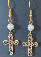 Load image into Gallery viewer, Freshwater pearl and goldtone filigree cross earrings Christian faith jewelry
