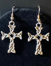 Load image into Gallery viewer, Antique silver pewter woven Celtic knotwork cross earrings w/optional gemstone bead
