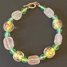 Load image into Gallery viewer, Easter Parade: pastel pink, green, and yellow rose quartz and floral lampwork glass bead bracelet
