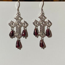 Load image into Gallery viewer, Garnet and gold or silver filigree cross earrings with sterling or 14k gold-filled earwires
