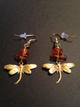 Load image into Gallery viewer, Dragonfly In Amber goldtone or silvertone dragonfly earrings with genuine Baltic Amber Outlander fan gift jewelry
