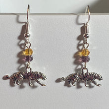 Load image into Gallery viewer, LSU Tigers sports fan small silvertone tiger earring with purple and gold crystal beads
