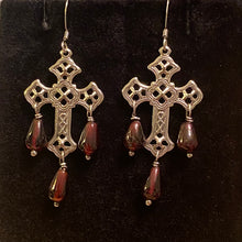 Load image into Gallery viewer, Garnet and gold or silver filigree cross earrings with sterling or 14k gold-filled earwires
