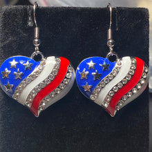 Load image into Gallery viewer, American Heart patriotic rhinestone and enamel flag earrings stars and stripes 4th of July holiday jewelry
