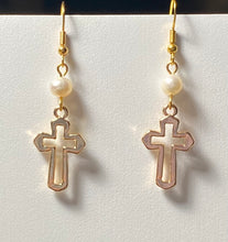 Load image into Gallery viewer, Freshwater pearl and goldtone open cross earrings Christian faith jewelry
