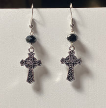 Load image into Gallery viewer, Celtic cross silvertone floral earrings with black bead Christian faith jewelry
