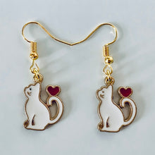 Load image into Gallery viewer, Black Cat or White Cat with heart enamel charm earrings 3 styles cat lover cat lady gift
