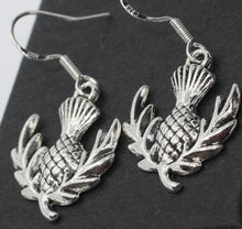 Load image into Gallery viewer, Flower of Scotland: Scottish thistle silvertone Celtic earrings Sassenach Outlander fan gift jewelry (w/ optional crystal or pearl bead)

