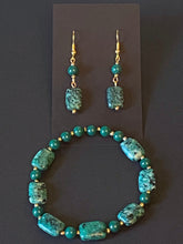 Load image into Gallery viewer, African turquoise and dark green mountain jade goldtone bracelet &amp; earrings set
