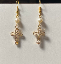 Load image into Gallery viewer, Freshwater pearl and goldtone filigree cross earrings Christian faith jewelry
