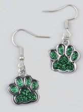 Load image into Gallery viewer, Paw print sports fan earrings: Tigers, Lions, Bulldogs, Wildcats, Huskies, Panthers, Jaguars: choice of team color with or without crystal bead.
