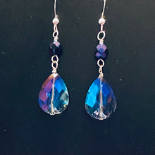 Load image into Gallery viewer, Dark blue iridescent crystal and sterling drop earrings

