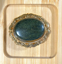 Load image into Gallery viewer, Huge goldtone brooch with serpentine gemstone cabochon
