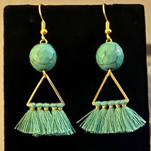 Load image into Gallery viewer, Turquoise Dream: goldtone and turquoise blue beaded boho tassel earrings
