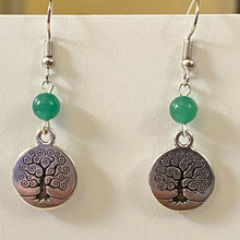 Load image into Gallery viewer, Family Tree or Tree of Life World Tree silvertone earrings with optional gemstone or crystal bead
