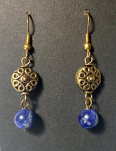 Load image into Gallery viewer, Sodalite and antiqued gold disc drop earrings
