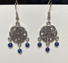 Load image into Gallery viewer, Celtic triquetra triple knot earrings w/ 3 beads (choice of gemstone/color)
