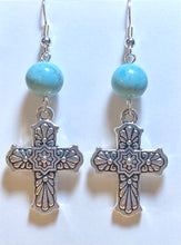 Load image into Gallery viewer, Antique silvertone floral Mexican style Talavera cross
