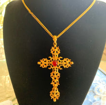 Load image into Gallery viewer, Avon 1970s vintage gold and “ruby” Medieval / Renaissance cross necklace
