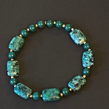 Load image into Gallery viewer, African turquoise and dark green mountain jade goldtone bracelet &amp; earrings set
