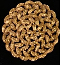 Load image into Gallery viewer, Bright goldtone vintage Monet intricately woven circular rope brooch Etruscan Greco-Roman Celtic SCA
