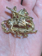Load image into Gallery viewer, St. George and the Dragon medieval knight goldtone brooch
