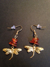 Load image into Gallery viewer, Dragonfly In Amber goldtone or silvertone dragonfly earrings with genuine Baltic Amber Outlander fan gift jewelry
