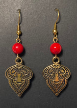 Load image into Gallery viewer, Goldtone Middle Eastern Mendhi earrings with 7mm bamboo coral bead
