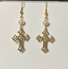 Load image into Gallery viewer, Goldtone filigree cross earrings with freshwater pearl
