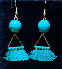 Load image into Gallery viewer, Turquoise Dream: goldtone and turquoise blue beaded boho tassel earrings
