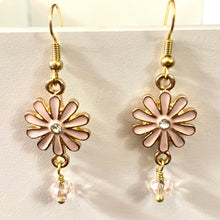 Load image into Gallery viewer, Flower Power: pink enamel boho flower earrings with crystal bead
