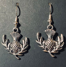 Load image into Gallery viewer, Flower of Scotland: Scottish thistle silvertone Celtic earrings Sassenach Outlander fan gift jewelry (w/ optional crystal or pearl bead)
