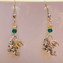 Load image into Gallery viewer, UAB Blazers sports fan small silvertone dragon earrings with gold and green crystal beads
