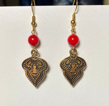 Load image into Gallery viewer, Goldtone Middle Eastern Mendhi earrings with 7mm bamboo coral bead
