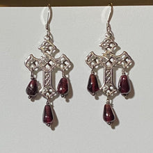 Load image into Gallery viewer, Garnet and gold or silver filigree cross earrings with sterling or 14k gold-filled earwires
