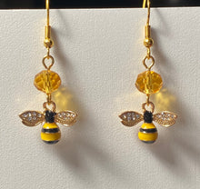 Load image into Gallery viewer, All Abuzz: enameled goldtone honeybee earrings with citrine crystal bead beekeeper apiculture bee lover gift
