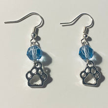 Load image into Gallery viewer, Helena Huskies paw print sports fan earrings withchoice of crystal or pearl bead in team colors
