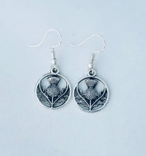 Load image into Gallery viewer, Scottish Thistle round silvertone Celtic earrings Sassenach Outlander fan gift jewelry (w/ optional crystal or pearl bead)
