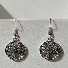 Load image into Gallery viewer, Celtic Tree of Life triquetra family tree silvertone earrings World Tree Yggdrasil
