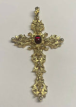 Load image into Gallery viewer, Avon 1970s vintage gold and “ruby” Medieval / Renaissance cross necklace
