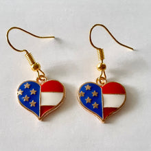 Load image into Gallery viewer, Americana patriotic enamel stars and stripes heart, star, or flag earrings 4th of July holiday jewelry
